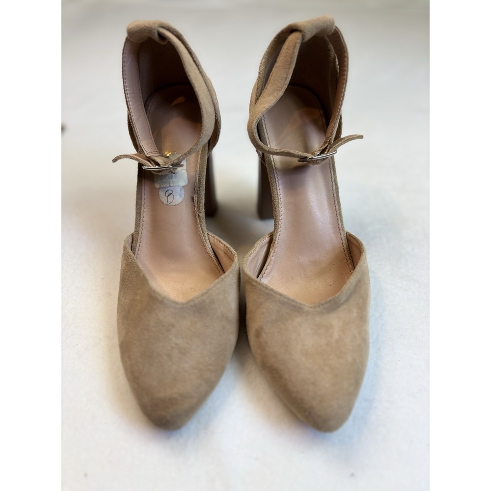 Ree Tan Suede Block High Heel Shoes Ankle Strap Buckle‎ Size 8